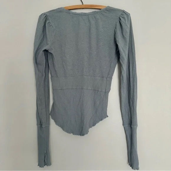 Free People We The Free Blue Cotton Linen Blend V-Neck Empire Waist Top XS - Picture 6 of 16